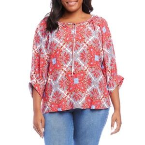 Karen Kane Womens 3X Viscose Peasant Blouse Top‎ Red Blue Floral Flowy NWT $148